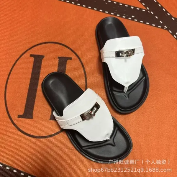 Hermès Oran Slide White and Black Leather Sandals - 4