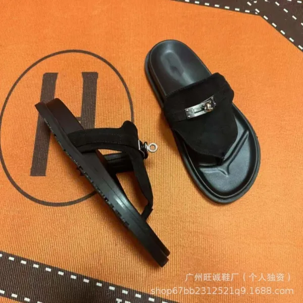 Hermès Oran Slide White and Black Leather Sandals - 22