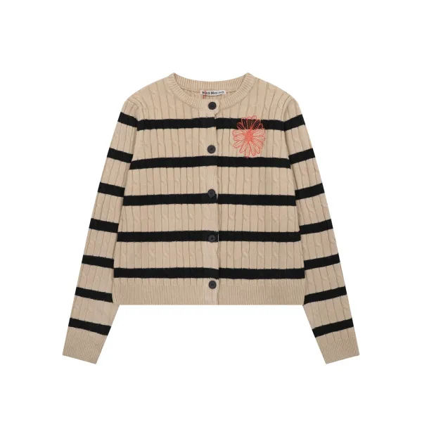 Mardi Mercredi Striped Cable Knit Cardigan with Embroidered Daisy Navy - 10