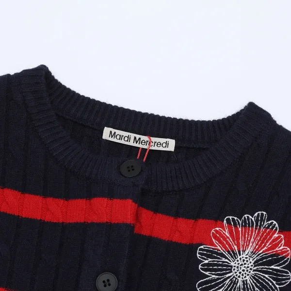 Mardi Mercredi Striped Cable Knit Cardigan with Embroidered Daisy Navy - 18