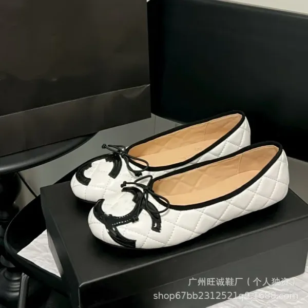 Chanel Ballerina Flats White Quilted Leather with Black Bow Detail - 13