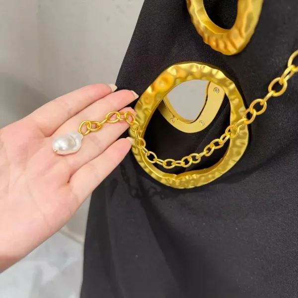 Saint Tears Gold Ring-Embellished Black Slip Dress - 7