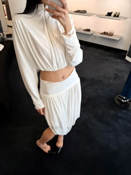 Off-White Cropped Zip-Up Top and Draped Skirt Set Black - 4
