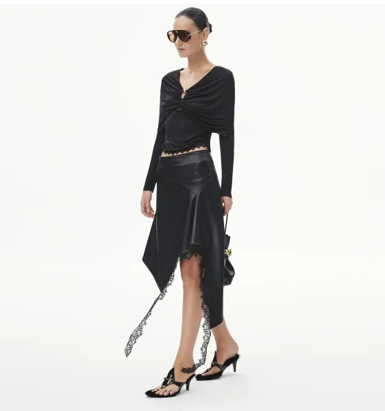 Saint Tears Asymmetrical Leather Skirt with Lace Trim Black Skirt - 3