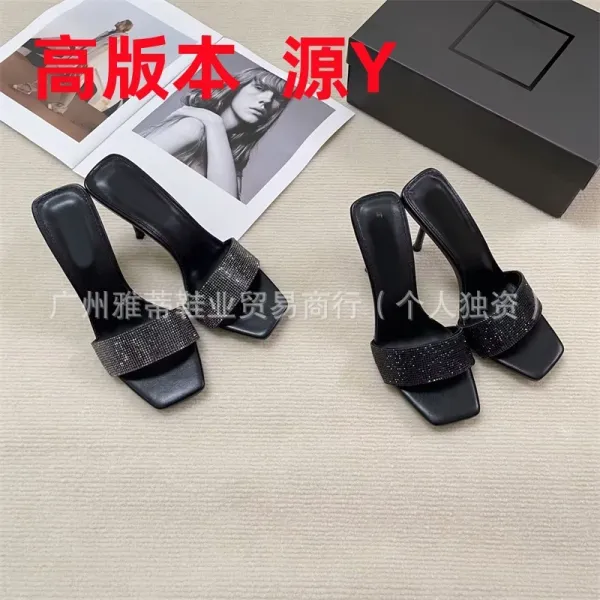 Black Crystal-Embellished Square-Toe Mule Heels - 2