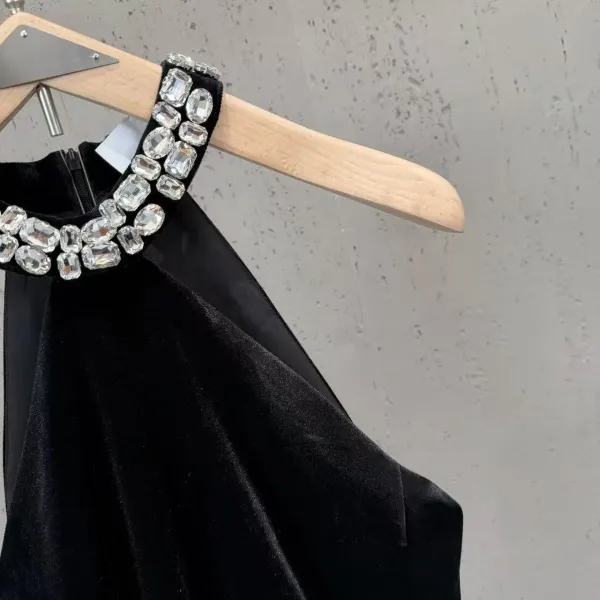 Black Velvet Halter Dress with Crystal Embellished Neckline - 3
