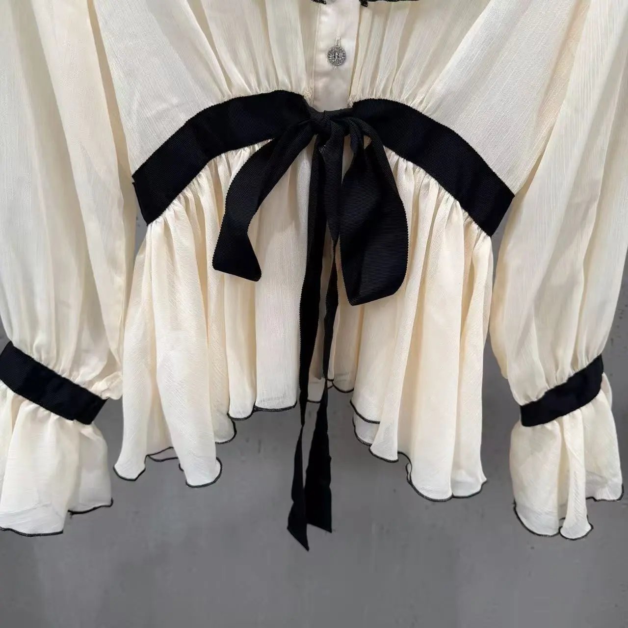 Saint Tears Embroidered Floral Collar Blouse in Cream with Black Ribbon - 11