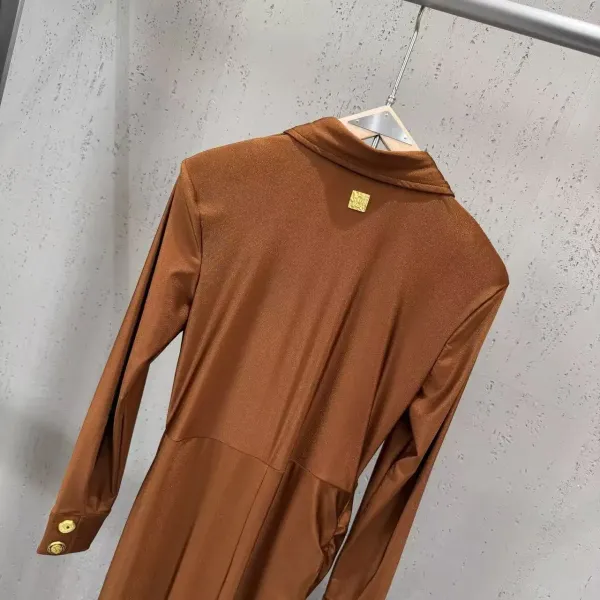 WOMANBY A VOYVES Button-Front Ruched Shirt Dress in Brown and Black - 9