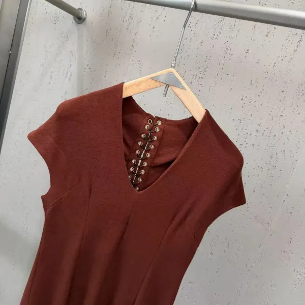 Valentino Garavani Rockstud Lace-Up Midi Dress Black and Burgundy - 14