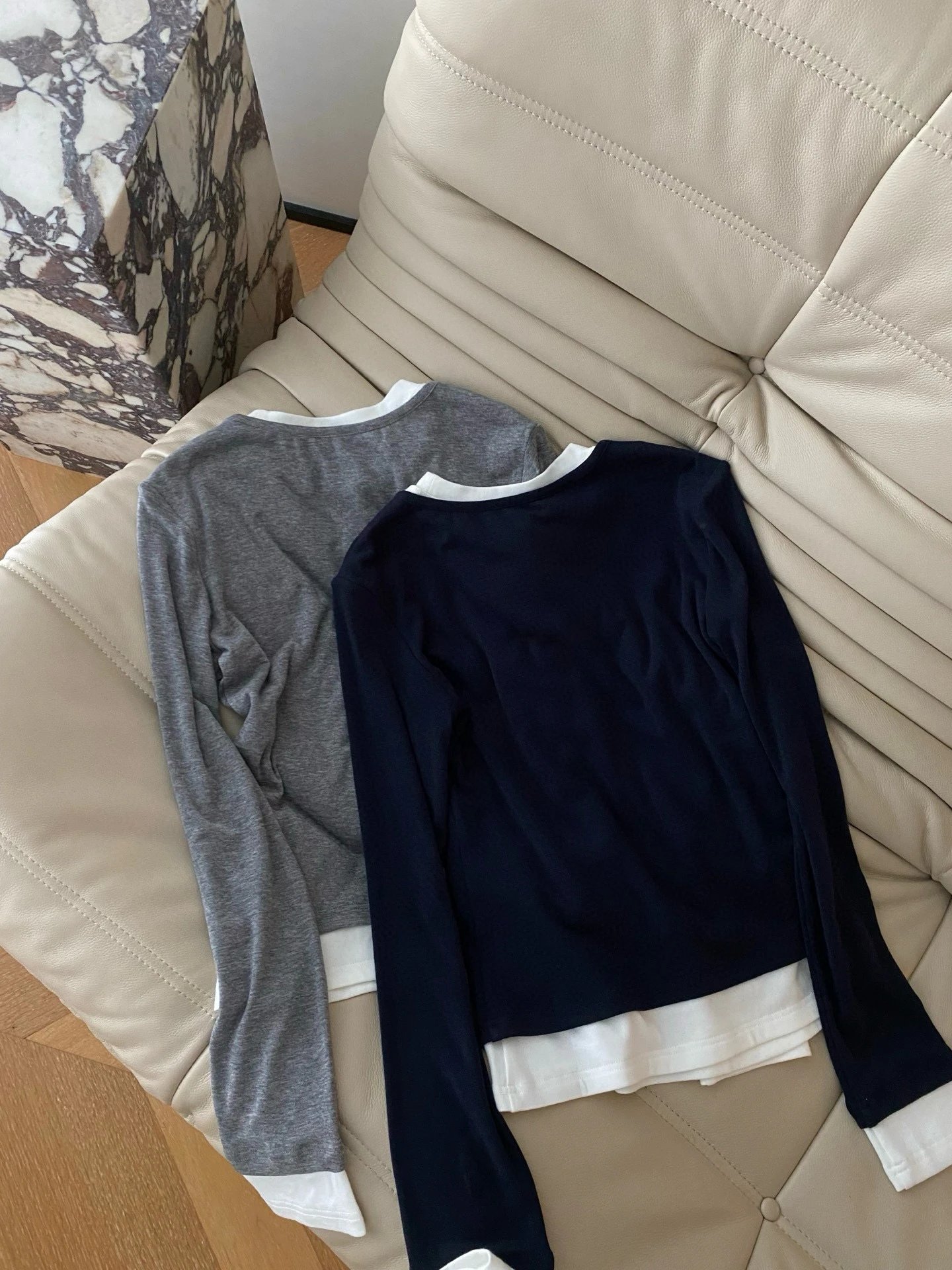 Off-White Henley Top Navy with White Layering Detail - 4