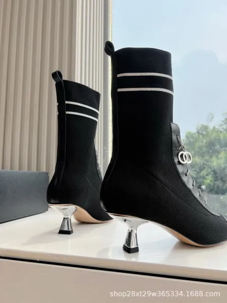 Dior Saddle Ankle Boots Gray and Black Knit with Chain Detail Heels - 8