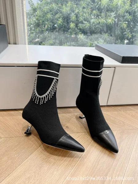 Dior Saddle Ankle Boots Gray and Black Knit with Chain Detail Heels - 14