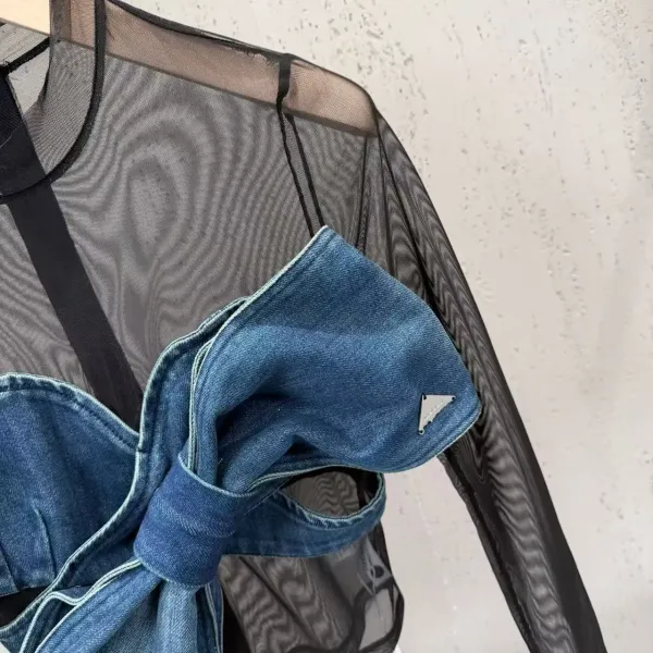 Off-White Denim Bow Mesh Top Blue/Black - 13