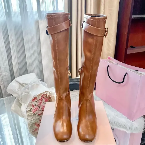 Prada Square-Toe Knee-High Boots Black Leather Boots - 4