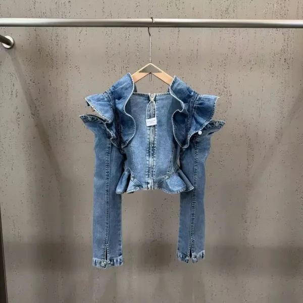 Denim Ruffle Corset Top in Medium Wash Blue - 9