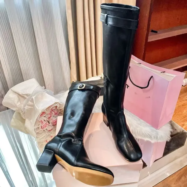 Prada Square-Toe Knee-High Boots Black Leather Boots - 8