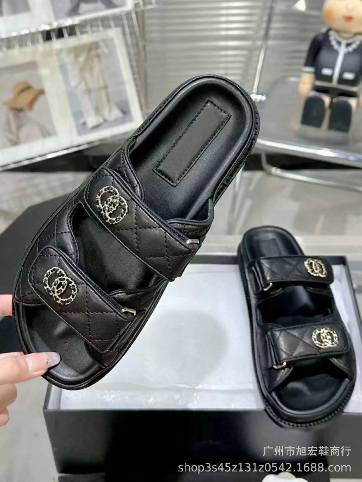 Chanel CC Logo Quilted Leather Sandals Black - 8