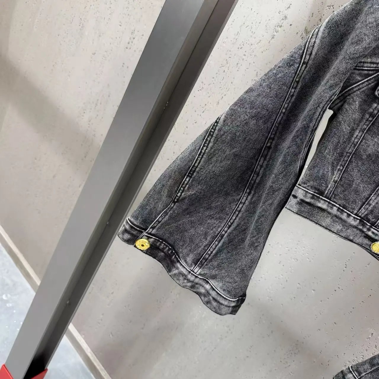 Versace Jeans Couture Cropped Denim Jacket with Gold Hardware in Acid Wash Gray - 23