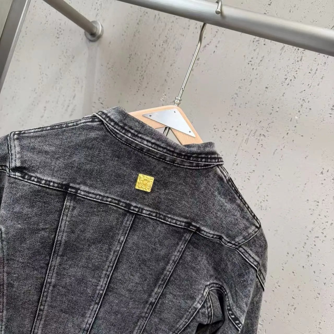 Versace Jeans Couture Cropped Denim Jacket with Gold Hardware in Acid Wash Gray - 27