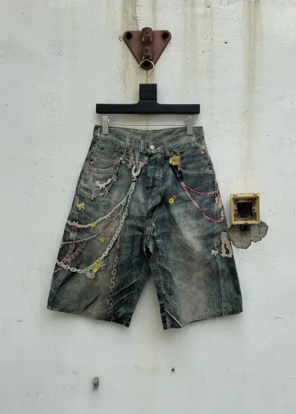 Acne Studios Distressed Denim Shorts with Chain Embellishments Blue - 4