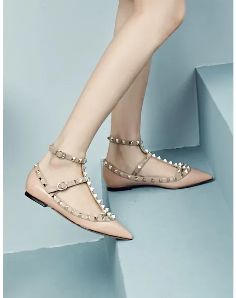 Valentino Rockstud Flat Pointed-Toe Mary Jane Shoes in Nude Patent Leather - 9