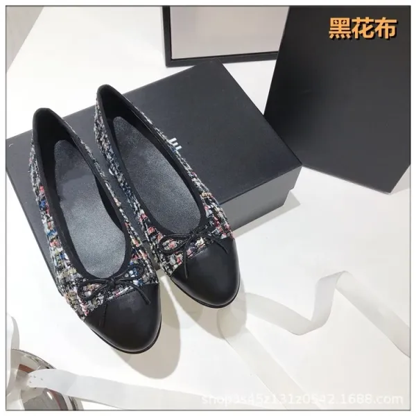 Chanel Tweed Bow Flat Black-Gold Loafers - 8