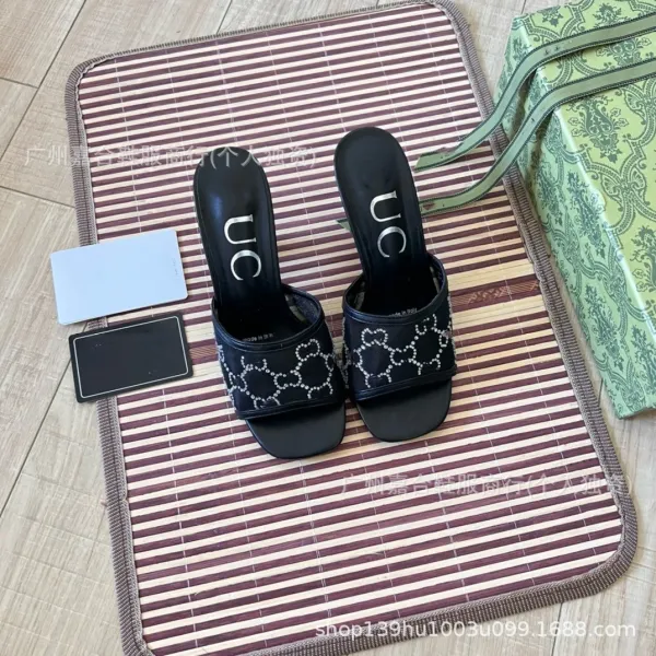 Gucci Marmont Slide Sandals Beige Mesh Heeled Slippers - 6