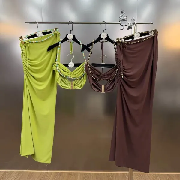 Lime Green Beaded Ruched Two-Piece Set - 4