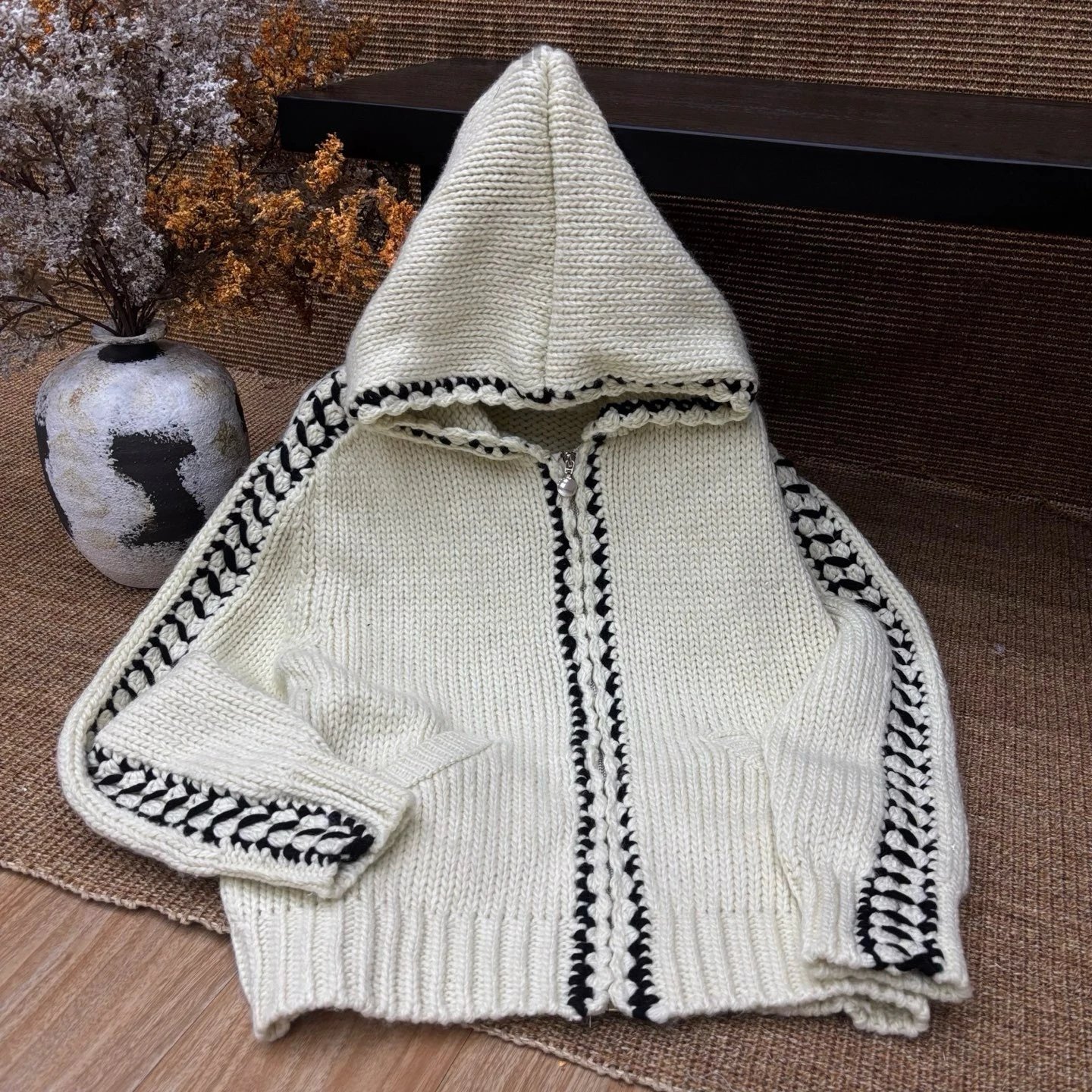 Hand-Knit Crochet-Trim Hooded Cardigan Beige Knit Cardigan - 10