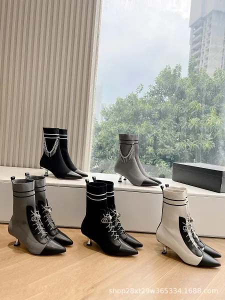 Dior Saddle Ankle Boots Gray and Black Knit with Chain Detail Heels - 2