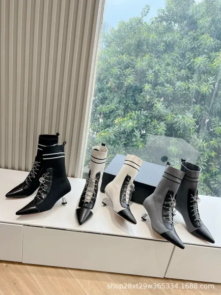 Dior Saddle Ankle Boots Gray and Black Knit with Chain Detail Heels - 3