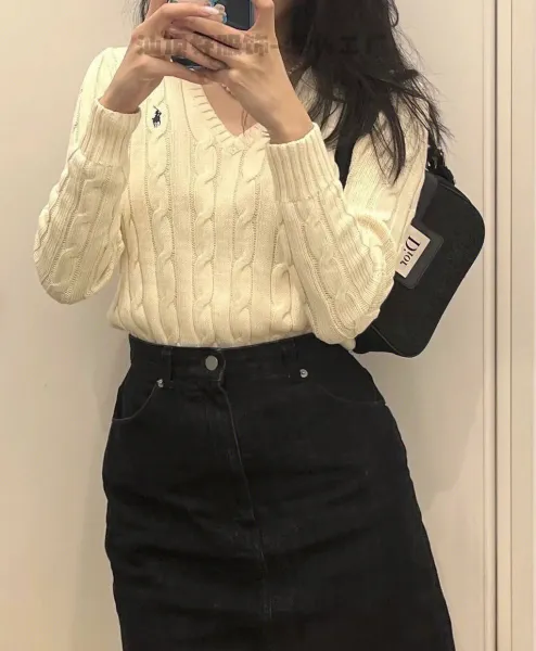 Ralph Lauren Cable Knit V-Neck Sweater White - 23