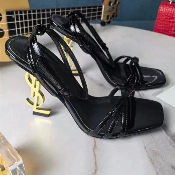 Saint Laurent YSL Monogram Heel Black Strappy Sandals - 12