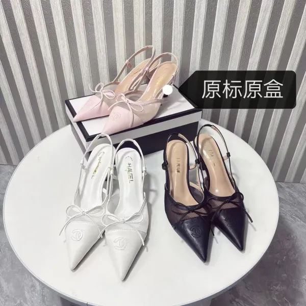 Chanel-inspired Two-Tone Slingback Heels with Bow Detail White/Black Heels - 3