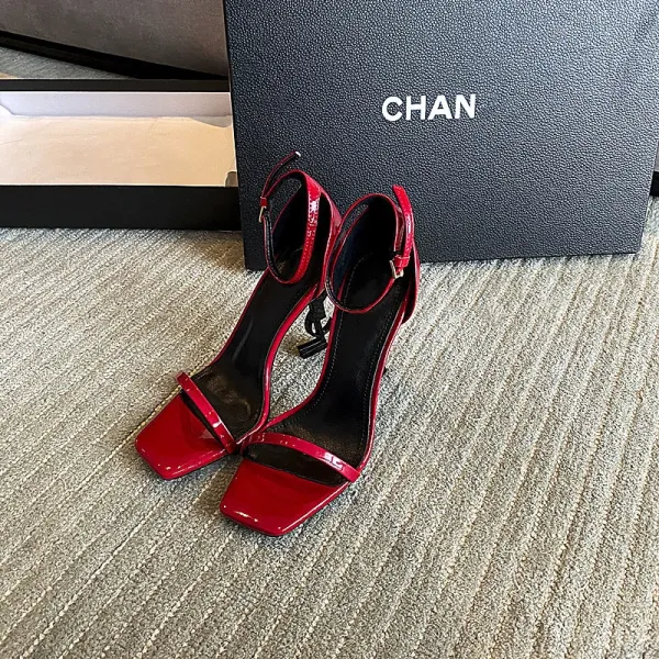 Saint Laurent Tribute Sandals Black Patent Leather Heels - 29