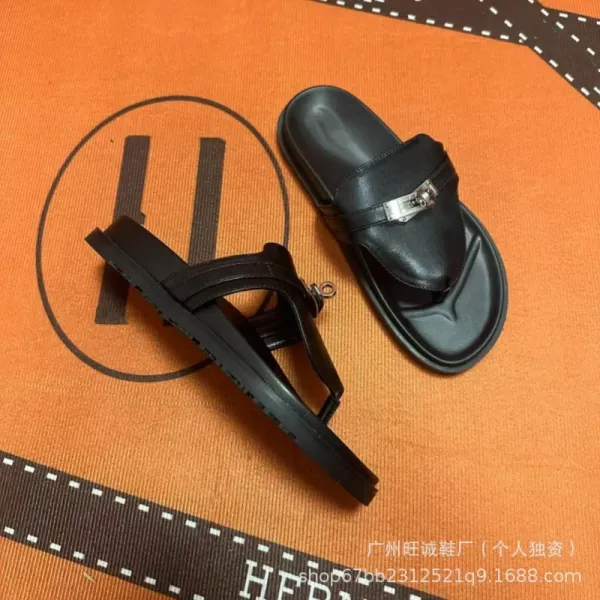 Hermès Oran Slide White and Black Leather Sandals - 9