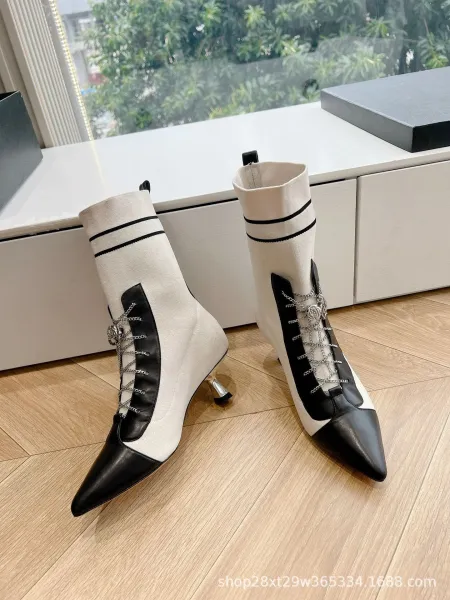 Dior Saddle Ankle Boots Gray and Black Knit with Chain Detail Heels - 5
