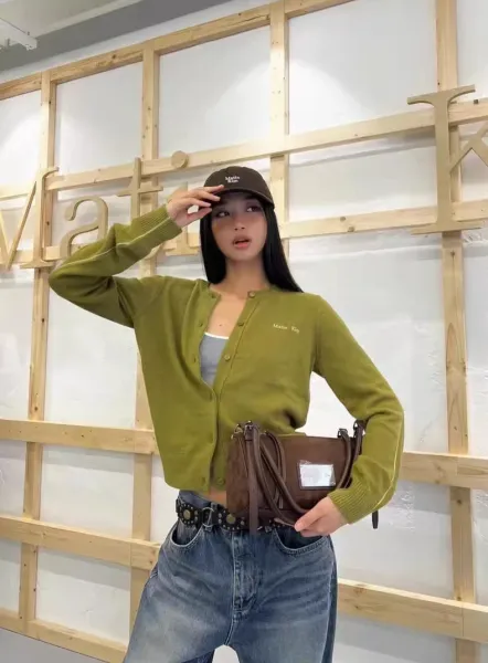 Mian Litt Olive Green Cropped Knit Cardigan - 45