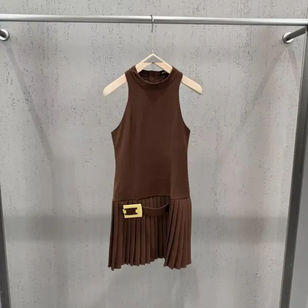 Balenciaga Belted Pleated Mini Dress in Brown and Black - 3