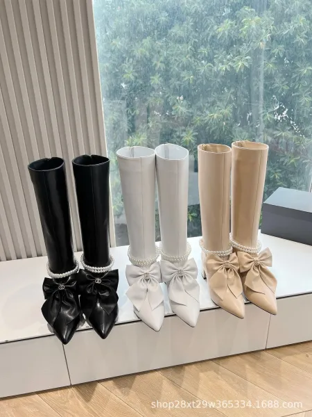 Chanel-Inspired Pearl Bow Knee Boots Black - 10