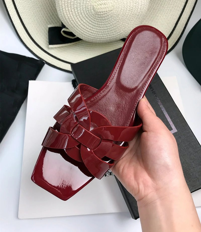 Beige Patent Leather Knot-Strap Slide Sandals - 3