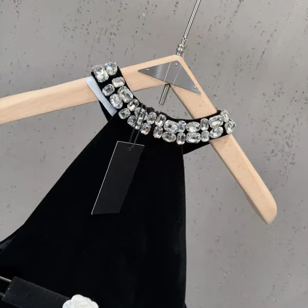 Black Velvet Halter Dress with Crystal Embellished Neckline - 8