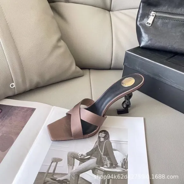 Saint Laurent Satin Mule in Bronze Block Heel Sandals - 16