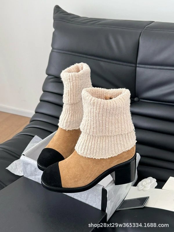 Chanel-Inspired Knit Cuff Ankle Boots Beige Black Suede Block Heel Boots