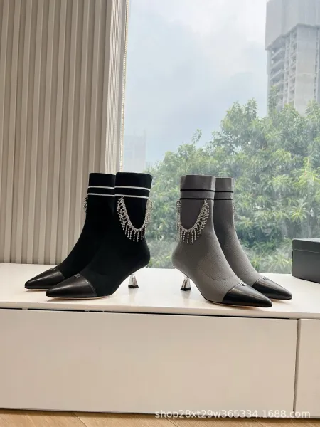 Dior Saddle Ankle Boots Gray and Black Knit with Chain Detail Heels - 9