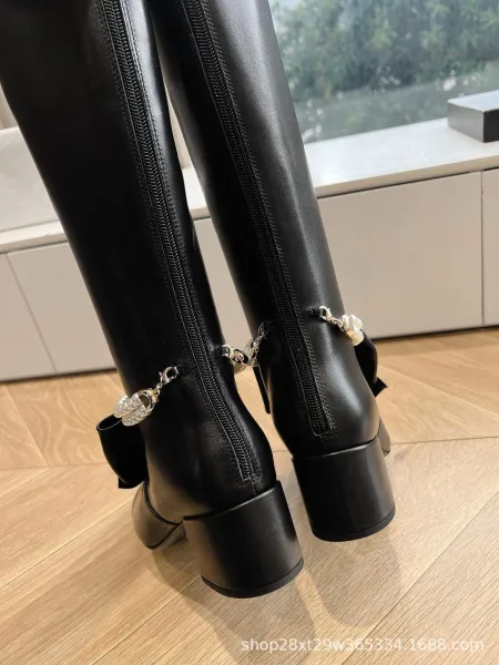 Chanel-Inspired Pearl Bow Knee Boots Black - 12
