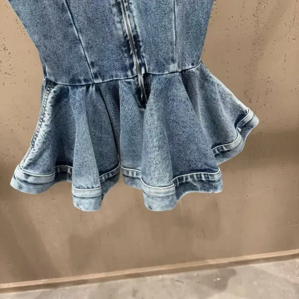 Denim Set: Flared Wide-Leg Jeans and Peplum Sleeveless Top in Medium Wash Blue - 20