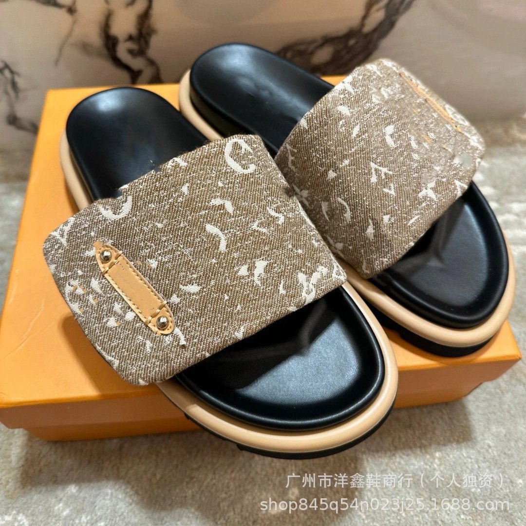 Louis Vuitton Monogram Canvas Slide Sandals Beige Multicolor Slippers