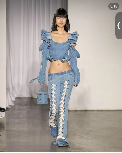 Denim Ruffle Corset Top in Medium Wash Blue - 2