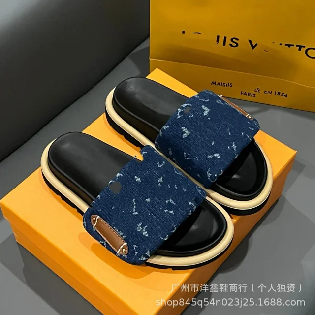 Unbranded Slippers Denim-pattern wide-strap slide product detail image 6